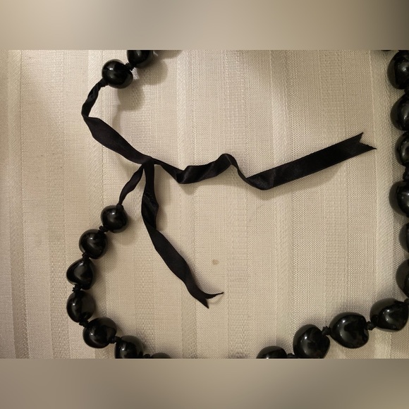 Natural Hawaiian Kukui Nut Necklace; Handknotted on Ribbon; Adjustable - Picture 4 of 5